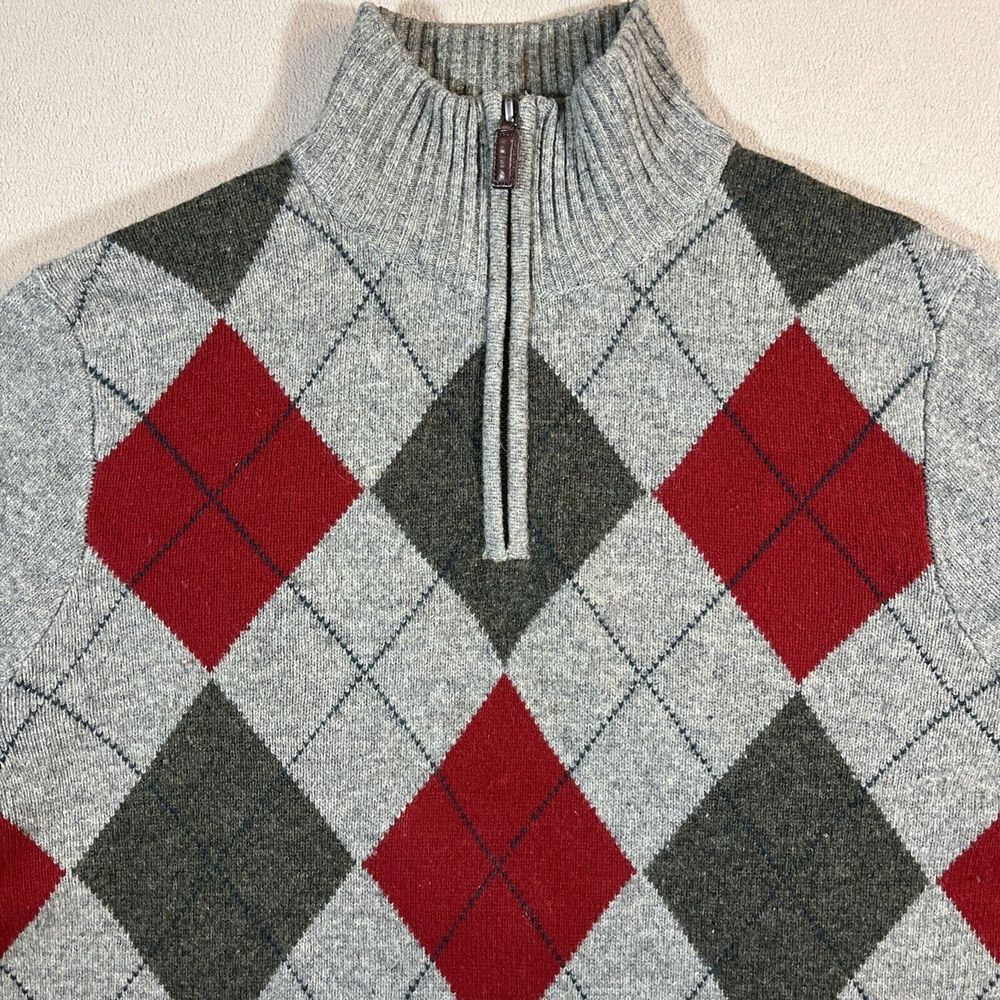 J.Crew Wool‎ Sweater Mens M Quarter Zip Argyle Diamond Knit Grey Red Cozy